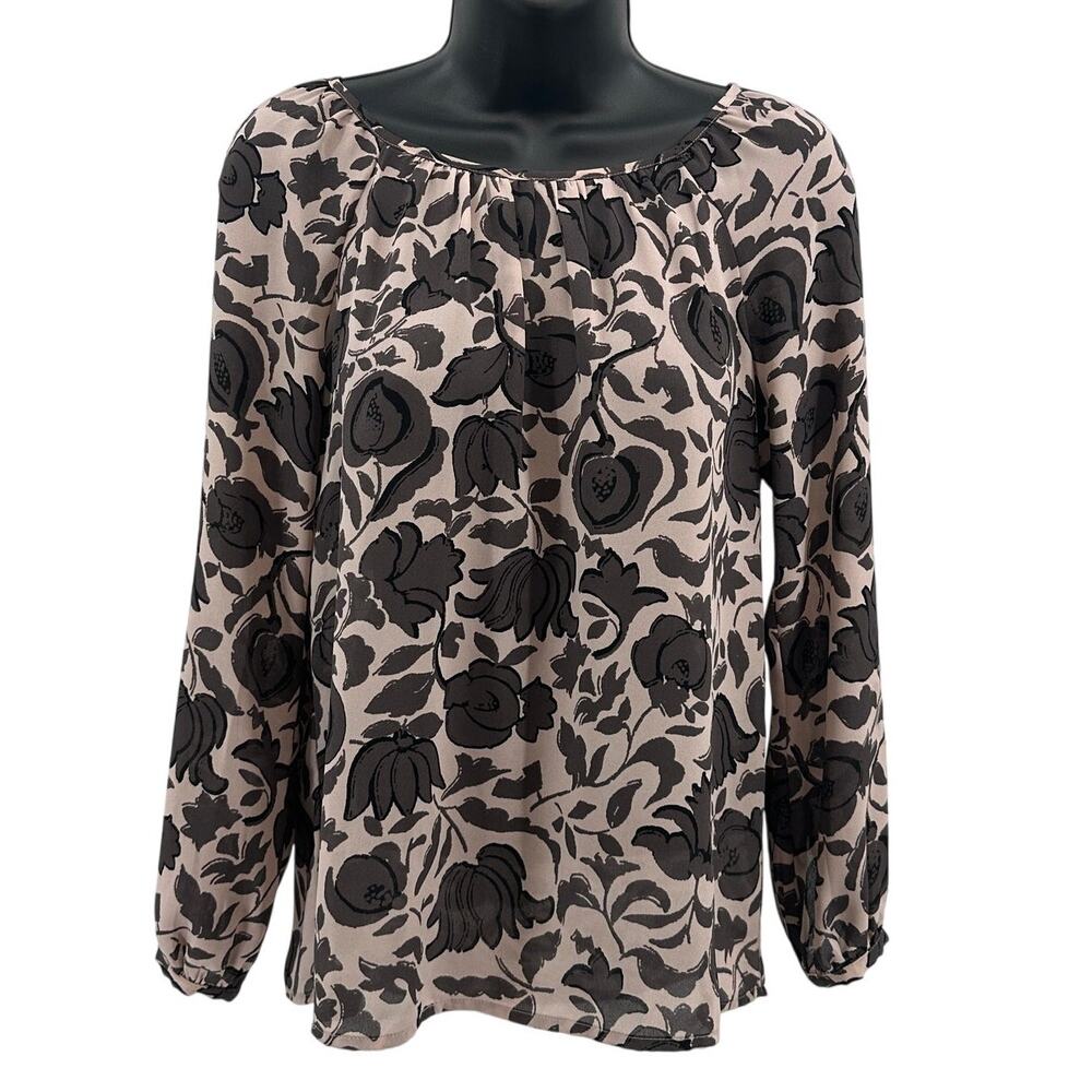 Loft Blouse WMNS XSP Floral Blush Pink Brown Long Sleeve Lightweight Round Neck